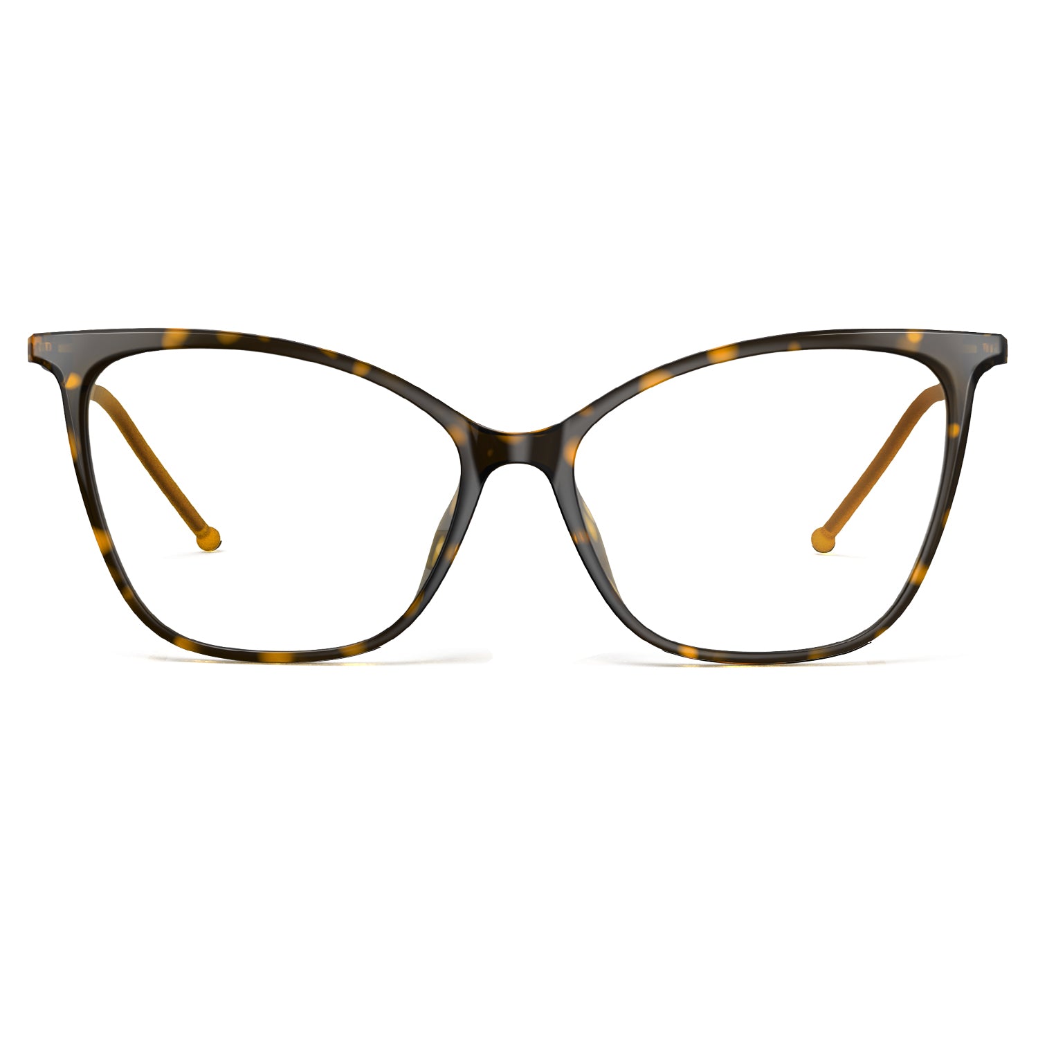Cat-eye glasses with tortoiseshell frame on a white background